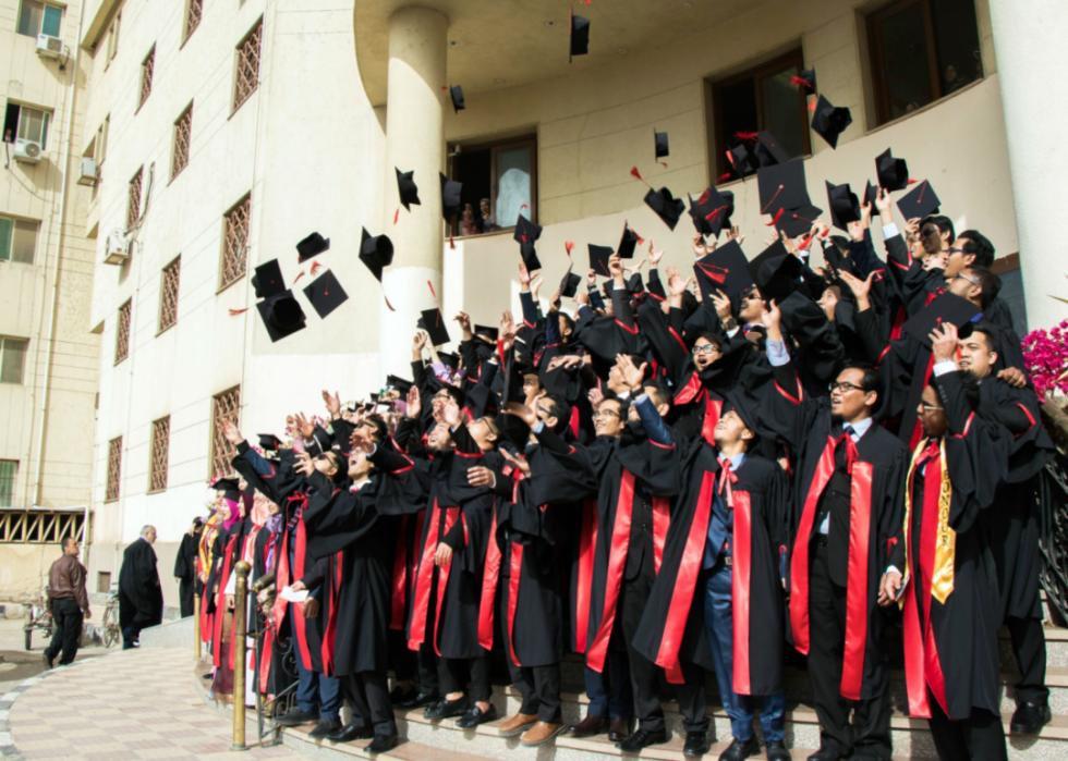Students in caps and gowns throwing their graduation hats at Mansoura University.