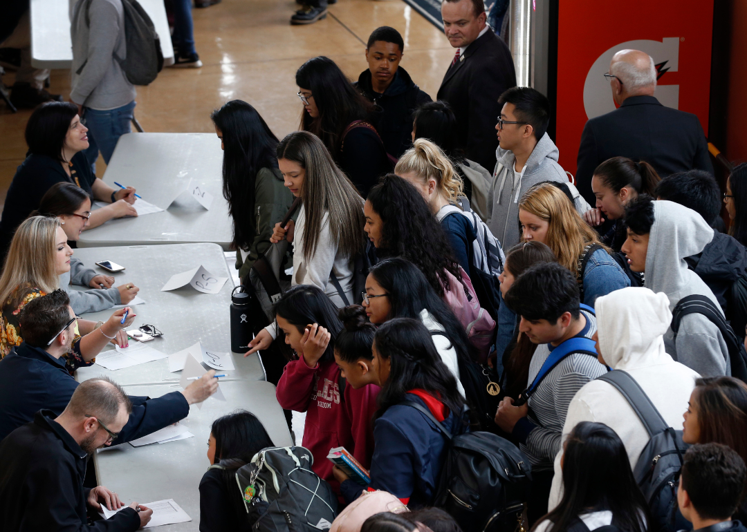 Students waiting in line to check-in for voter registration