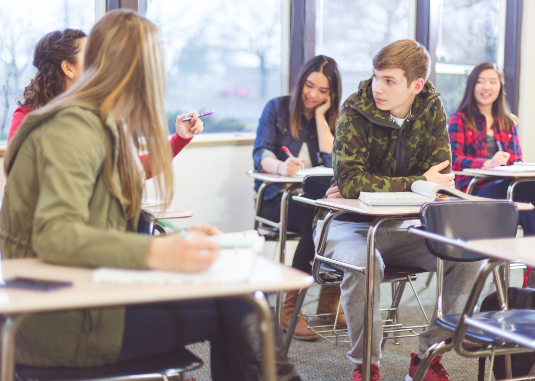 High school students talking in class.