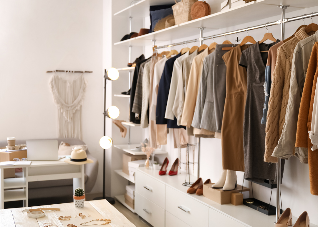 The stylish interior of a modern clothing store.