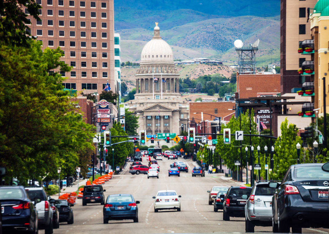 Cars driving towards the capitol building in Boise.