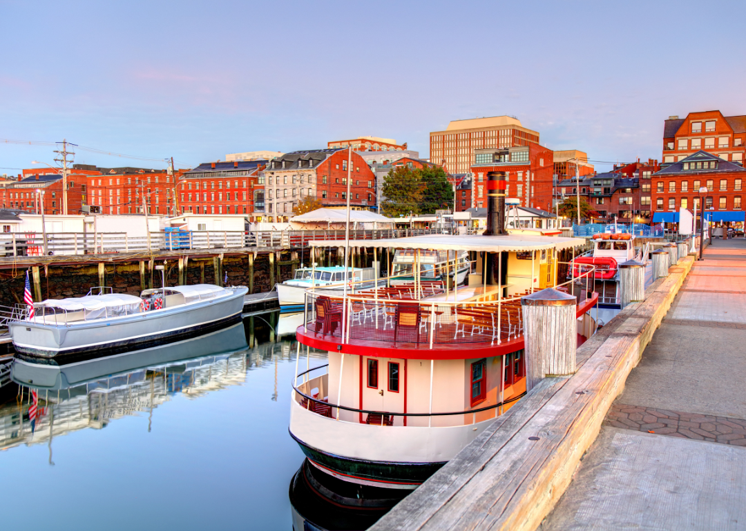 The waterfront with ferry's docked in Portland, Maine.