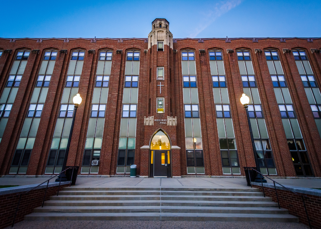 Aquinas Hall at Providence College as seen at dusk.