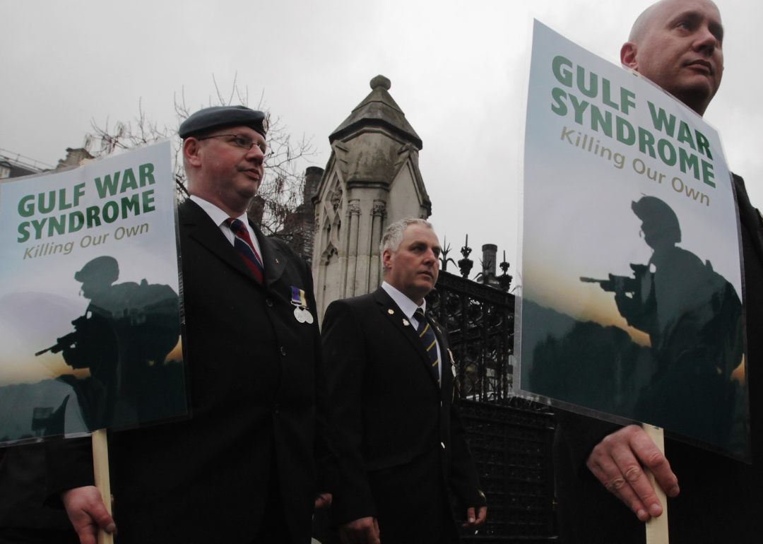 Gulf War veterans marching d.uring a protest to mark the 20th anniversary of the end of the Gulf War
