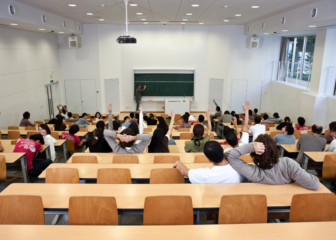 A college lecture hall as seen from the rear.
