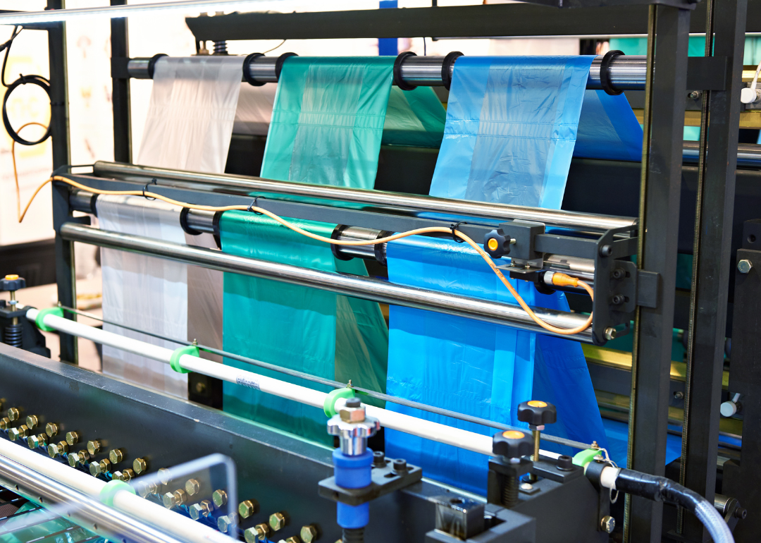 A machine for manufacturing plastic bags.