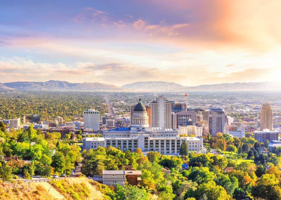 An aerial view of the Utah State Capitol on a sunny day in Salt Lake City.