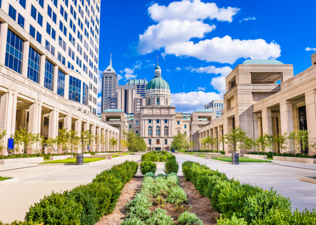 A street-level view of the Indiana State Capitol building.