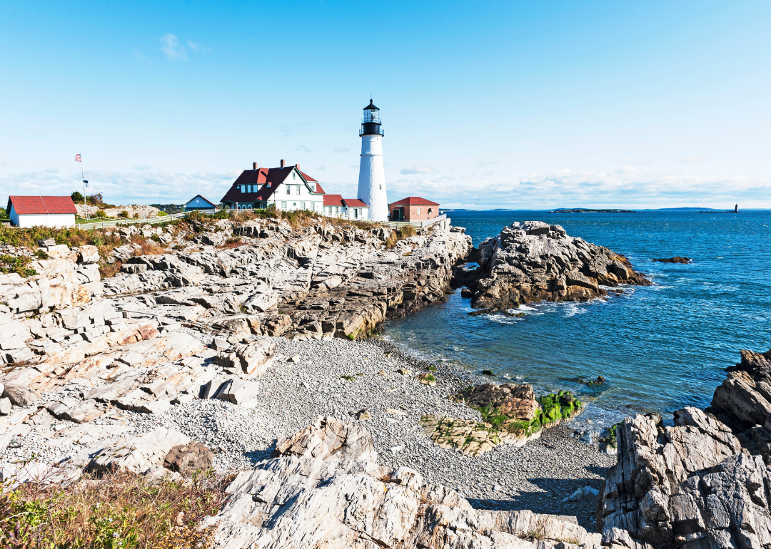 A lighthouse in Cape Elizabeth on a sunny day.
