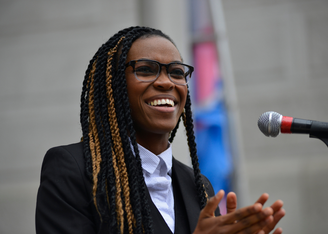 Amber Hikes, Director of Philadelphia's Office of LGTBQ Affairs, speaking at an event.