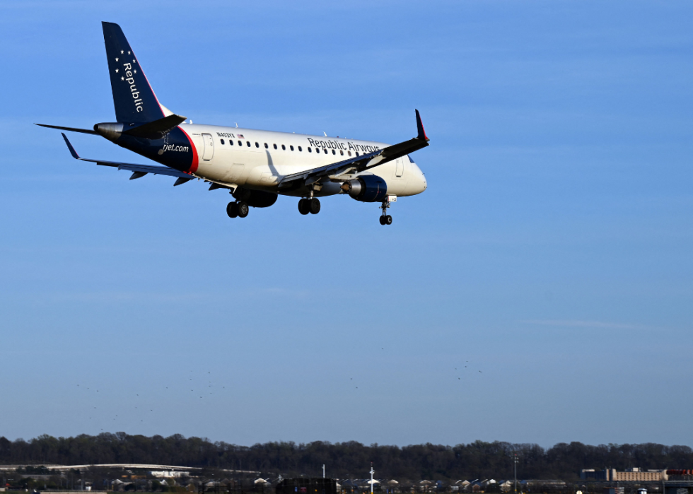 A Republic Airways plane approaching the runway at Ronald Reagan Washington National Airport in Arlington, Virginia