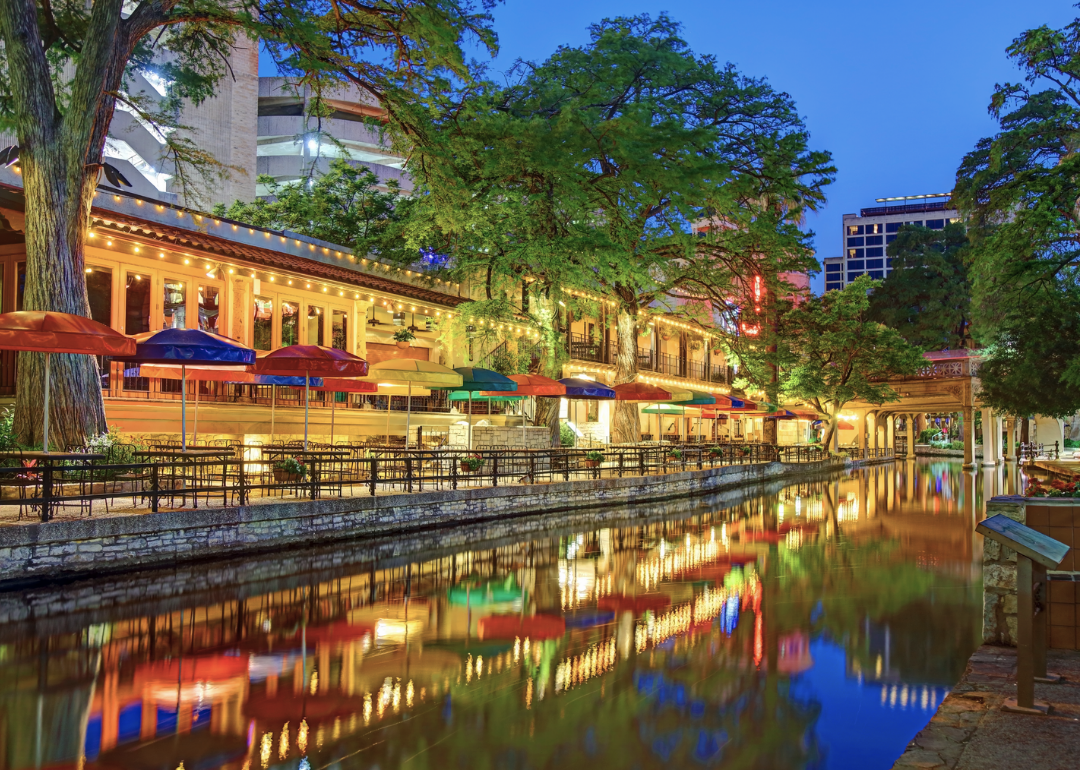 The San Antonio River Walk at night.