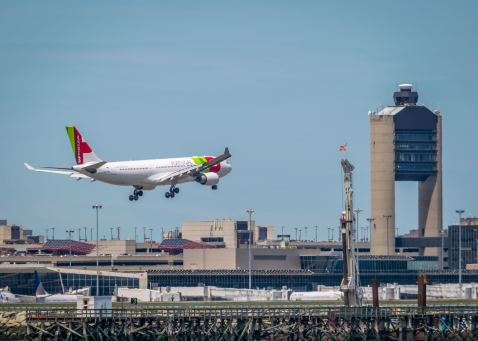 An international flight arriving at Logan Airport