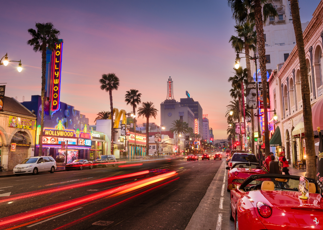 Traffic on Hollywood Boulevard at dusk.