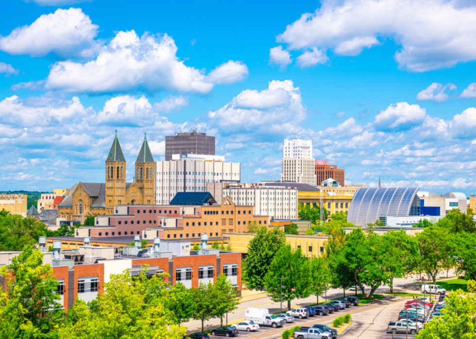 Akron, Ohio, with a parking lot in the foreground