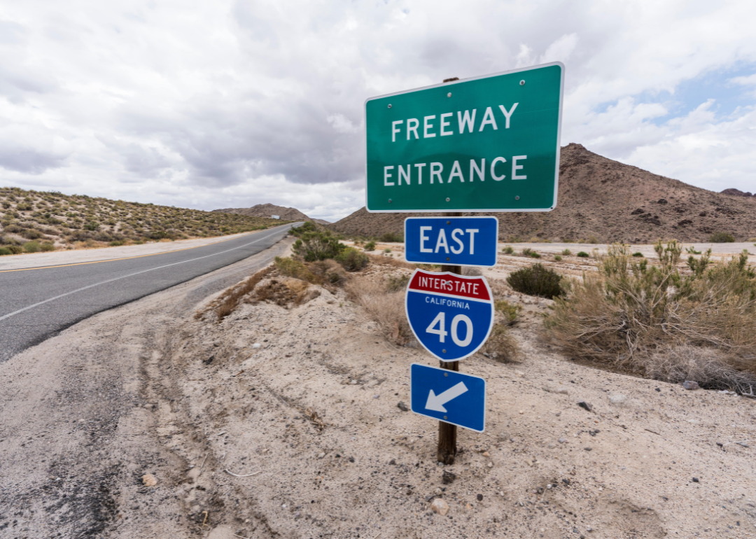 Interstate 40 east freeway on ramp sign near Mojave National Preserve in Southern California.