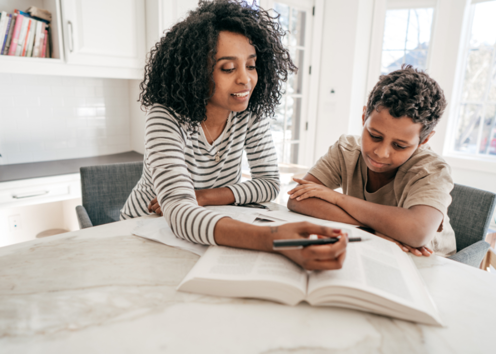 A woman tutoring a young boy in his home