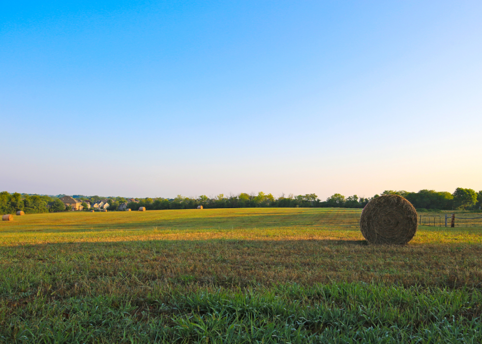 Rural farm land in Kansas on a warm, clear-skied day.