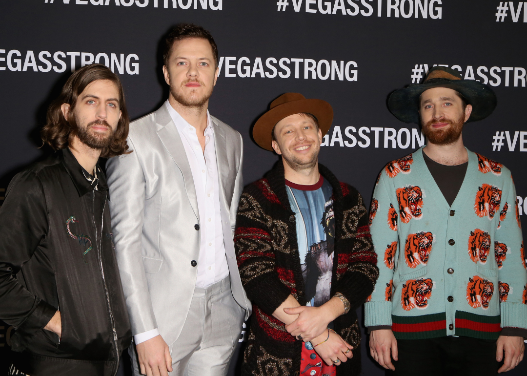 Guitarist Wayne Sermon, frontman Dan Reynolds, bassist Ben McKee and drummer Daniel Platzman of Imagine Dragons attending the Vegas Strong Benefit Concert at T-Mobile Arena.