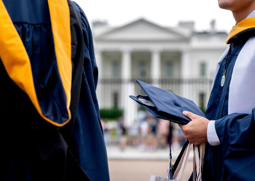 Students from George Washington University wearing their graduation gowns