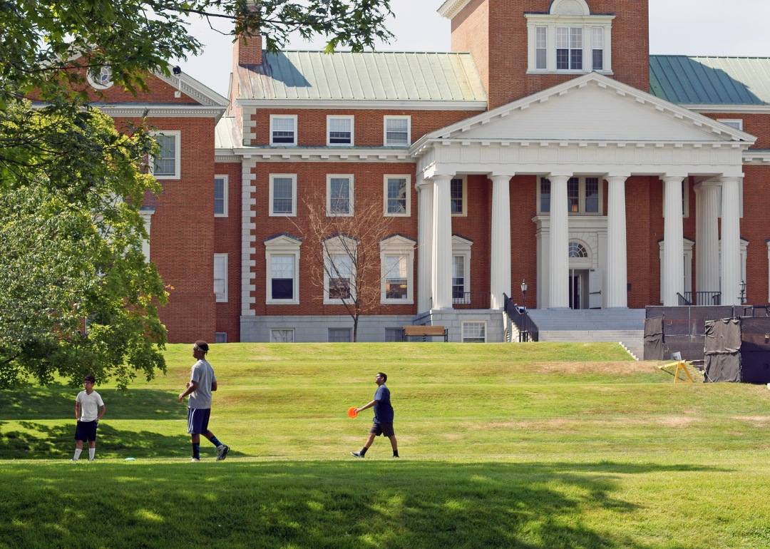 Students hanging out together near Miller Library at Colby College.