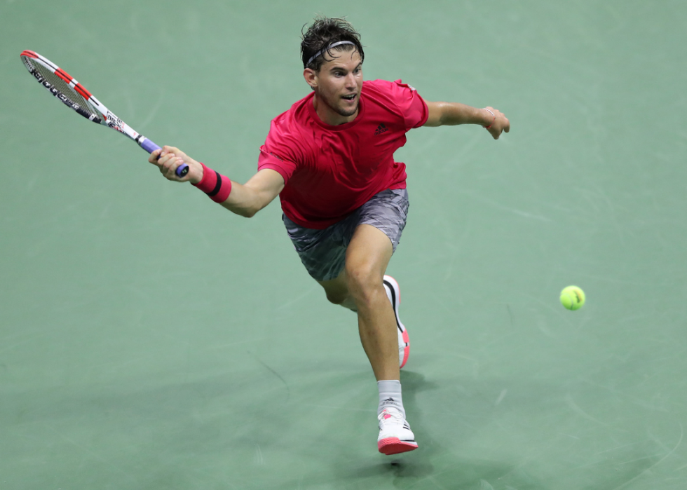 Dominic Thiem of Austria returning a volley during his Men’s Singles quarterfinals match against Alex de Minaur of Australia on Day Ten of the 2020 US Open