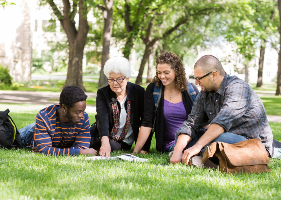 A professor meeting with students outside.