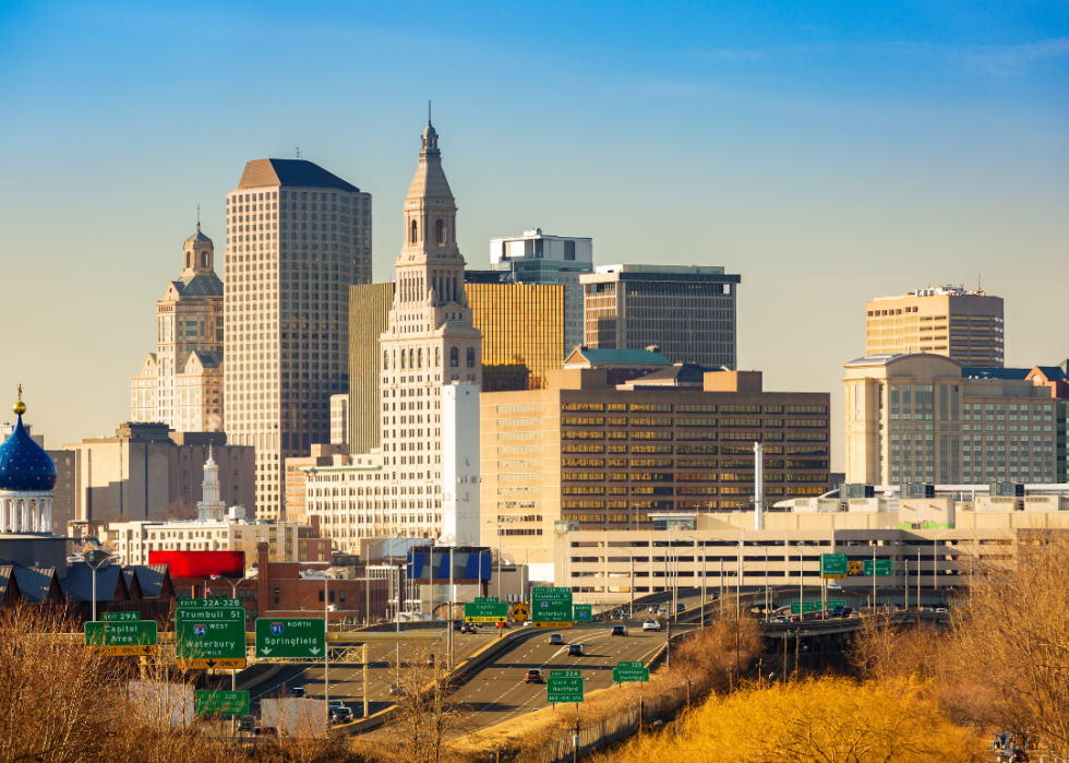 The Hartford skyline with a highway in the foreground