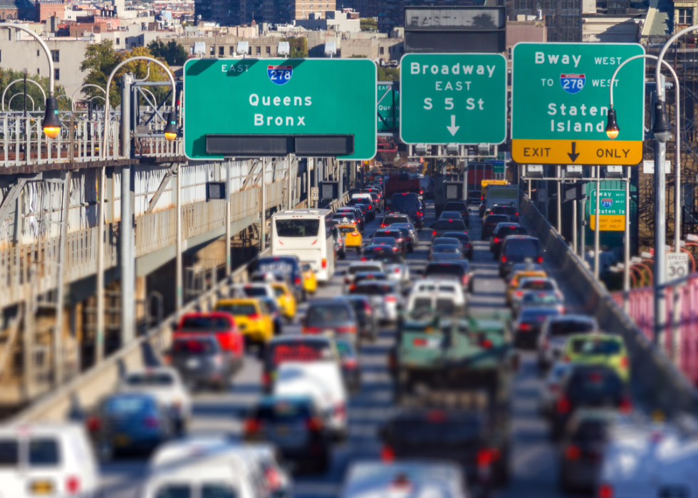 A rush hour traffic jam on the Williamsburg Bridge in Brooklyn, New York City, New York