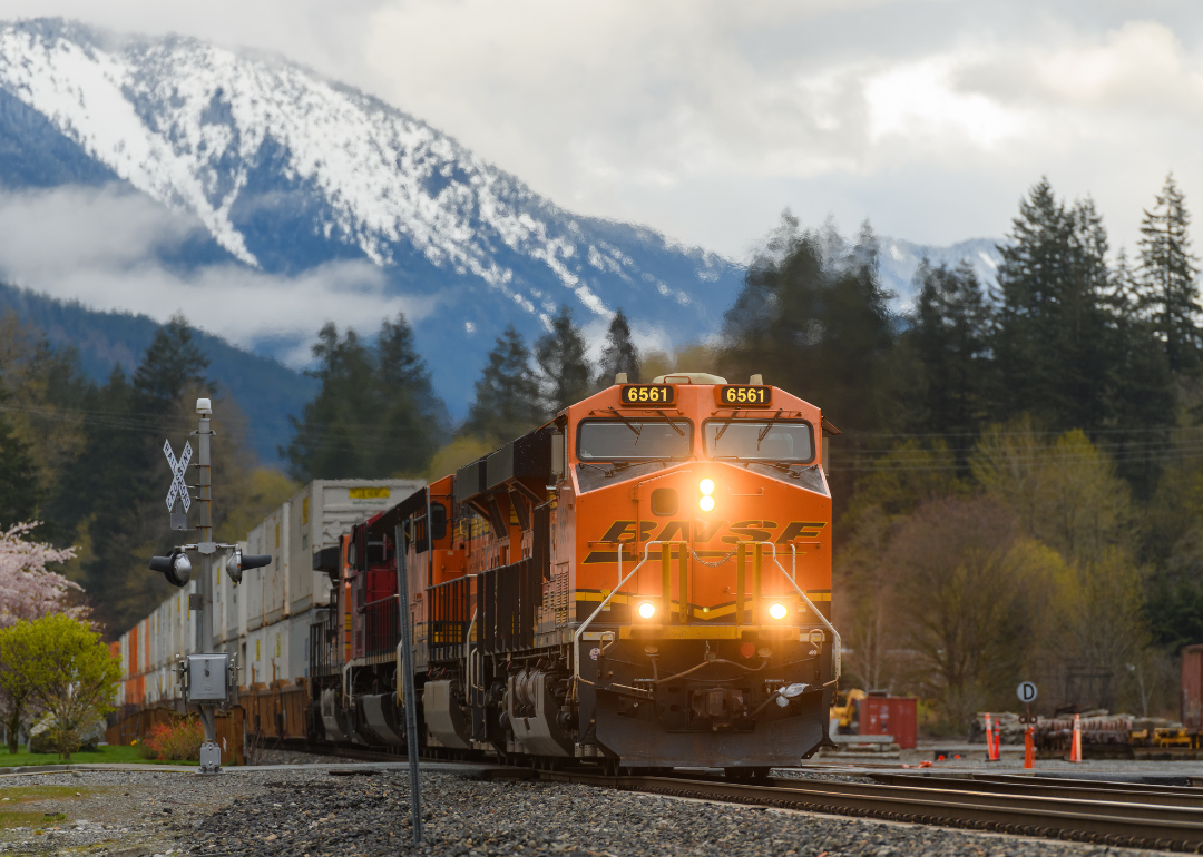 A BNSF intermodal freight train as darkness falls in Skykomish.