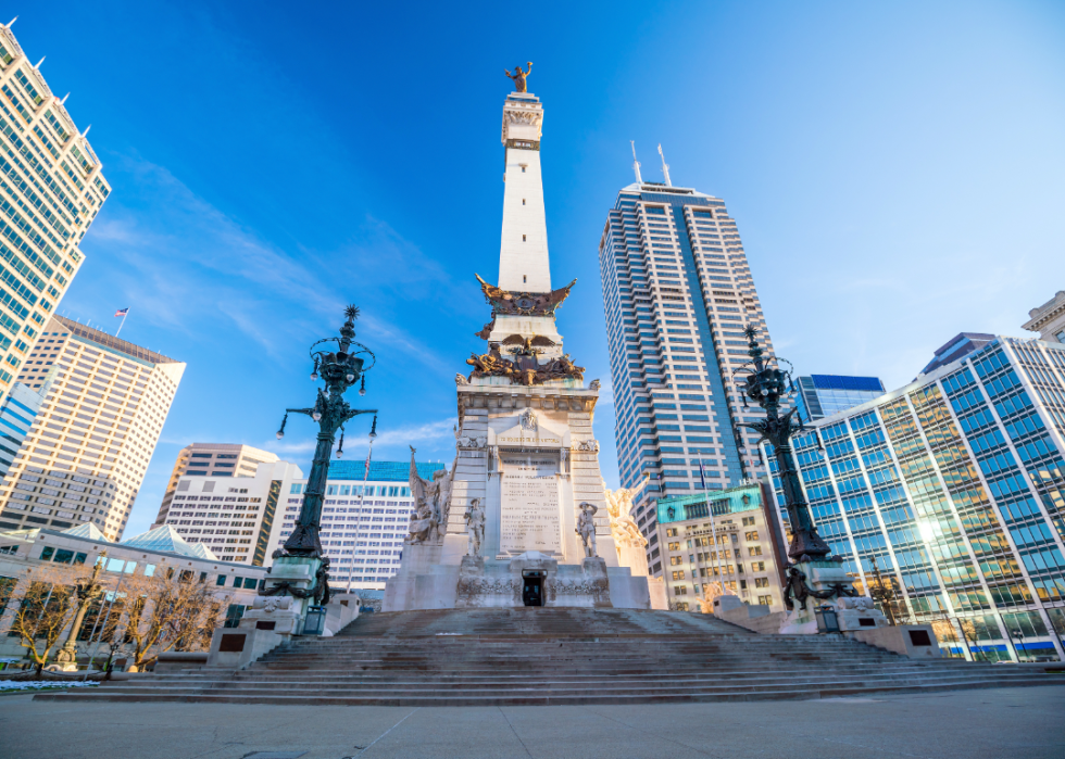 Downtown Indianapolis with blue sky.