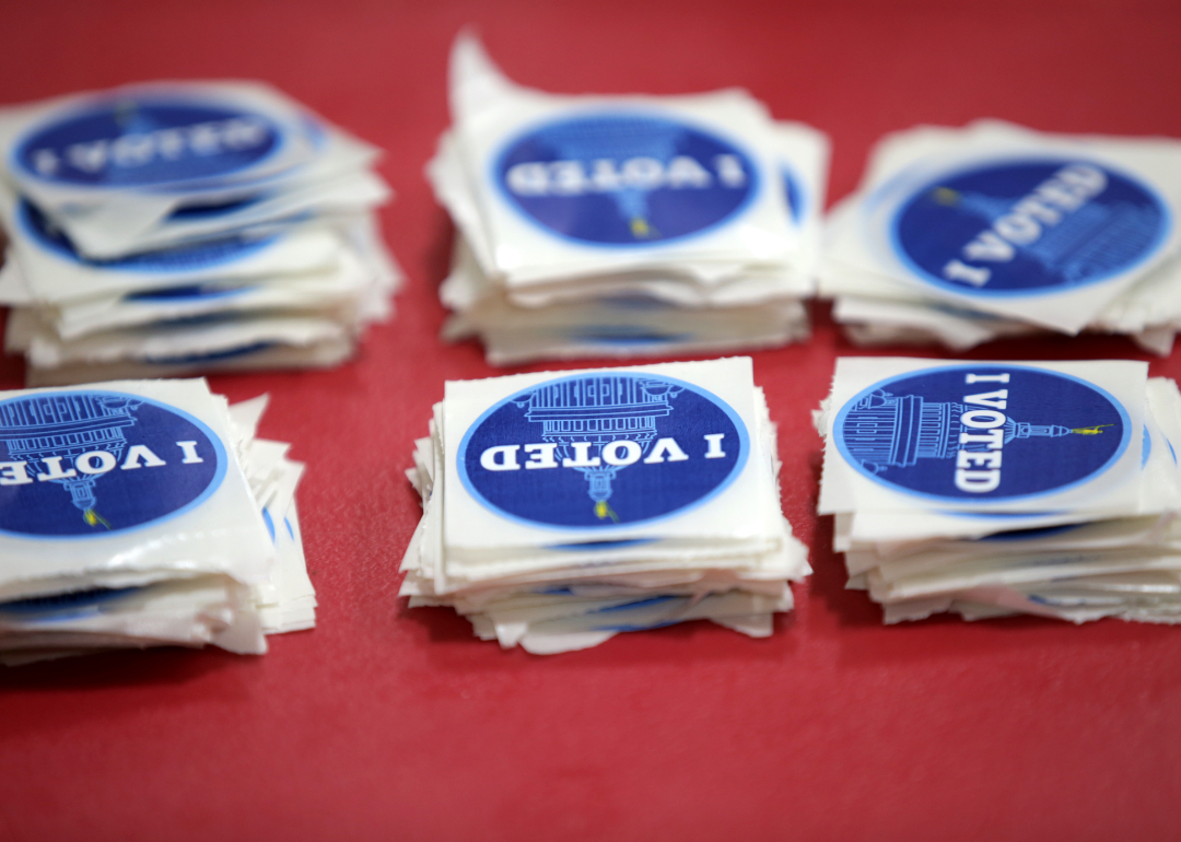 "I Voted" stickers at the Hope Highlands Middle School polling site in Cranston, Rhode Island