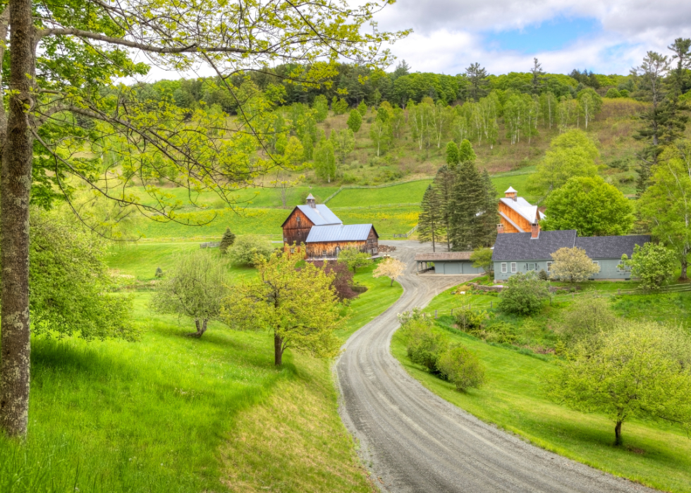 A rural nonpaved road leading to wooden buildings situated among green hills.