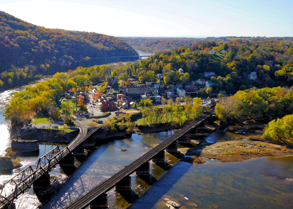 Aerial view of a town by the river surrounded by lush green trees with two bridges in the foreground.