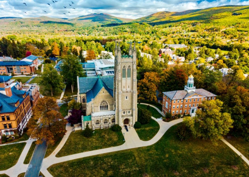 An aerial view of a chapel at Williams College.