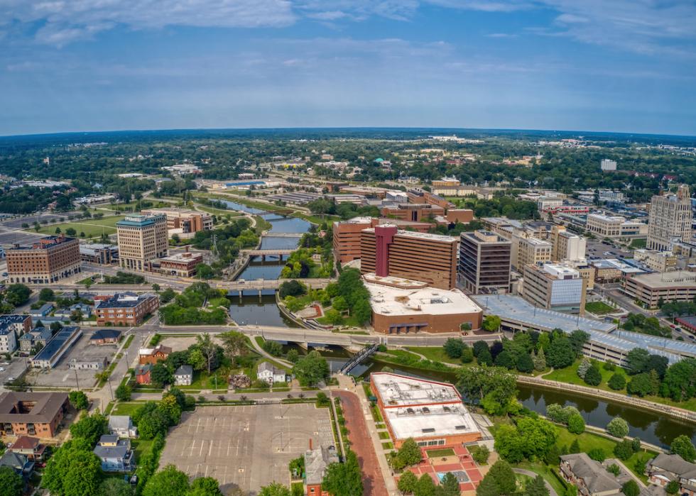 Aerial view of downtown Flint in summer.