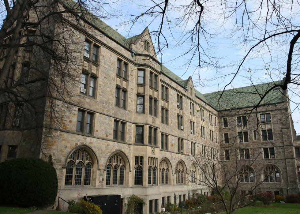 A dark stone building at Boston college.