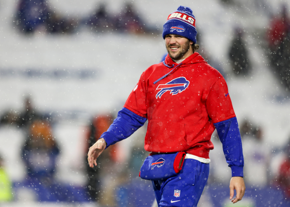 Josh Allen in a sweatsuit on the field as it's snowing.