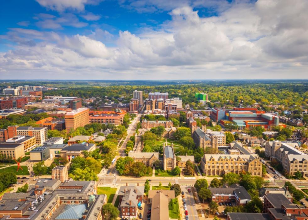 An aerial view of Ann Arbor and University of Michigan.