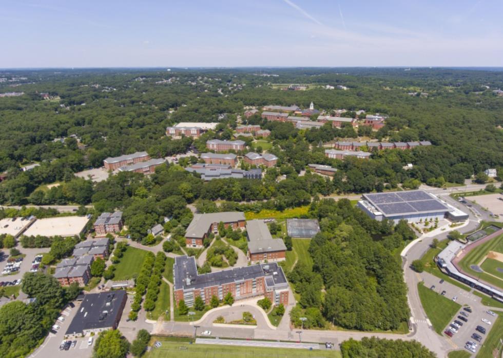 An aerial view of Bentley University.