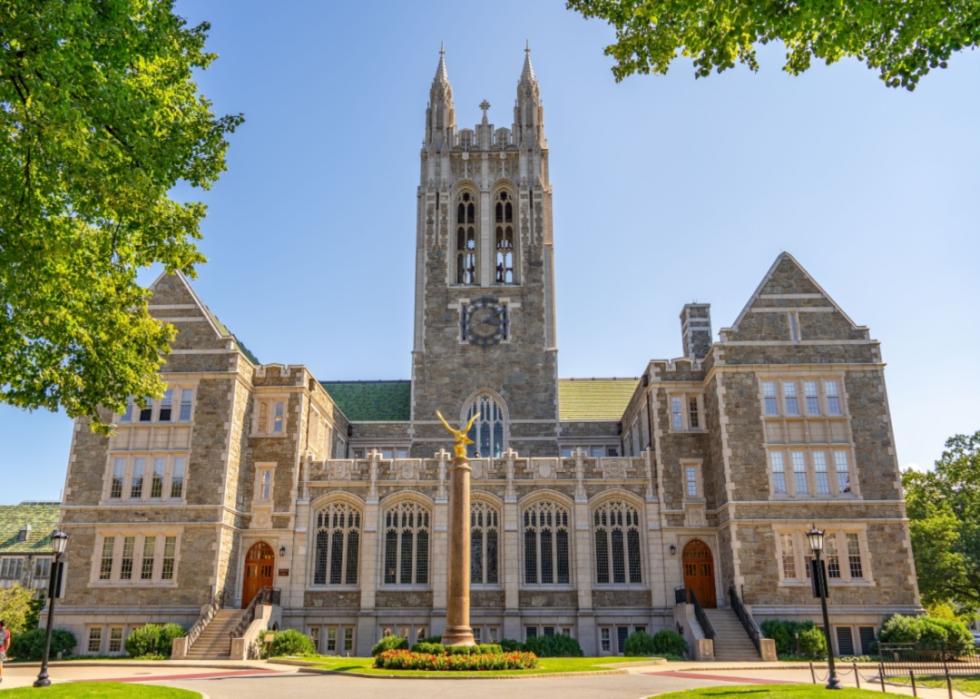 A historic gothic building with a clocktower at Boston College.