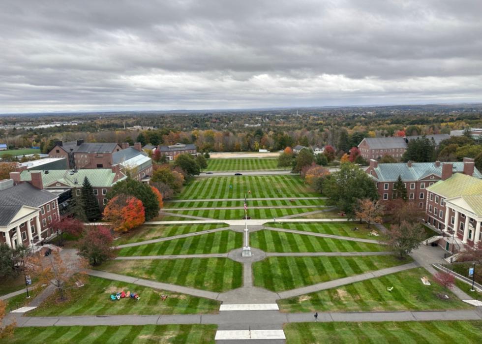 An aerial view of miller lawn at Colby College.