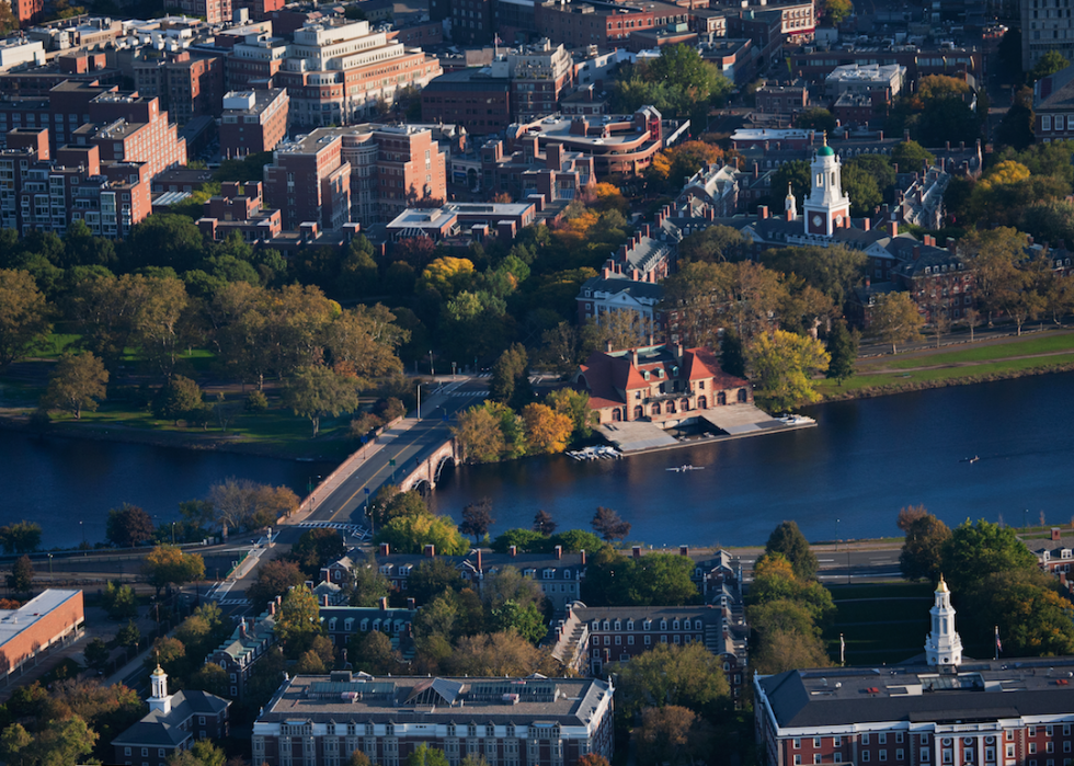 An aerial view of a bridge going into Cambridge.