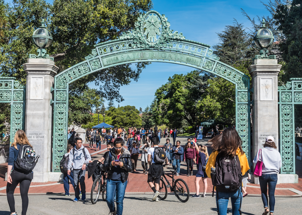 Young people going under a green arch.