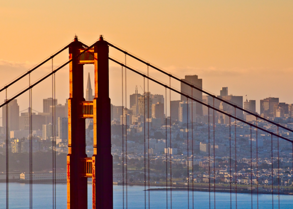 The Golden Gate Bridge with downtown San Francisco in the background.