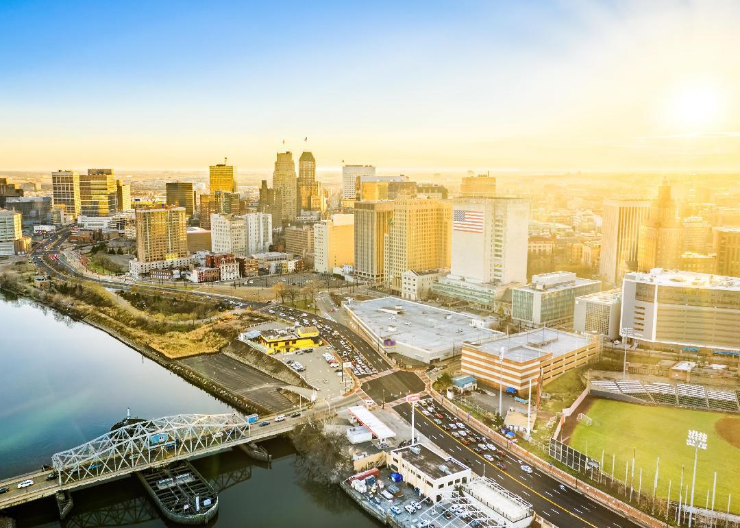 Aerial view of Newark skyline on late sunny afternoon.