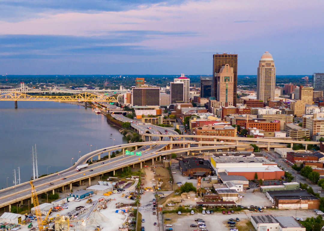 An aerial view of downtown Louisville on the water.
