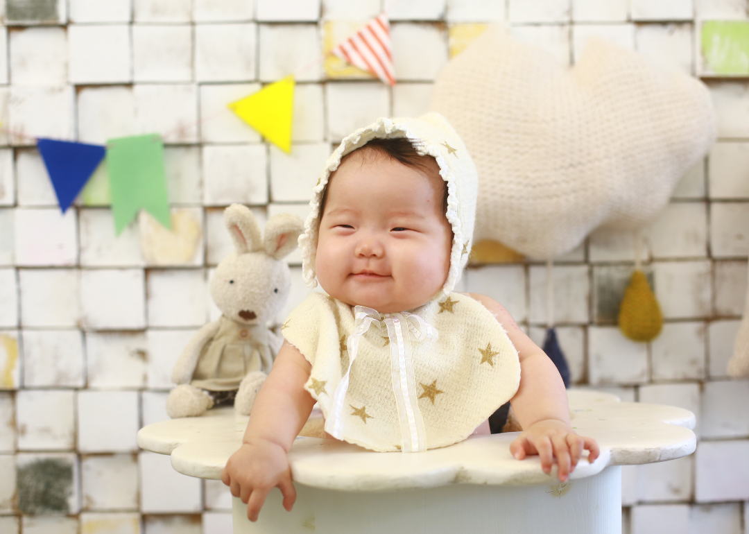 A baby in a hat and bib with gold stars posed in front of a colorful flag banner.