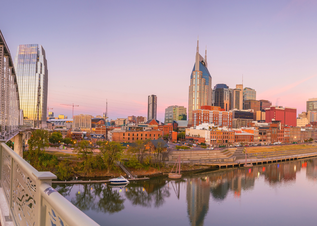 Downtown Nashville, TN from a bridge on the water.