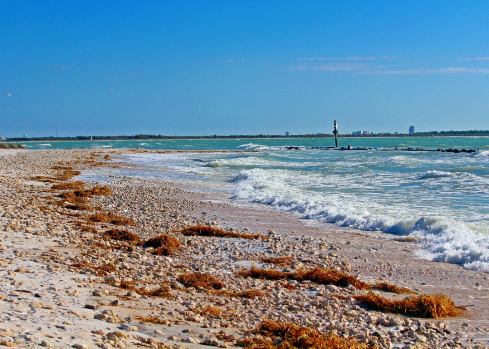 Rocky beach and blue water with buildings on the horizon.